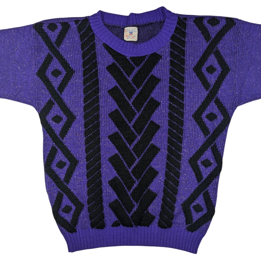 Vintage purple/metallic sweater W black geometric. Centennial Knits Ltd. Lg - Picture 7 of 14